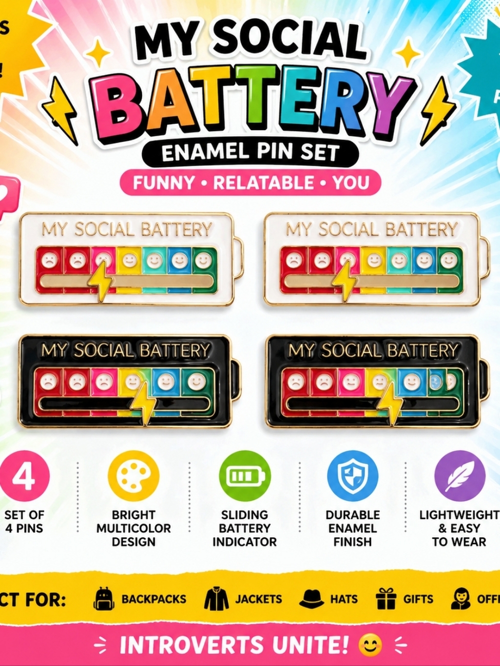 Social Battery Slider Pin Set 4 Interactive Mood Tracker Funny Introvert Gift